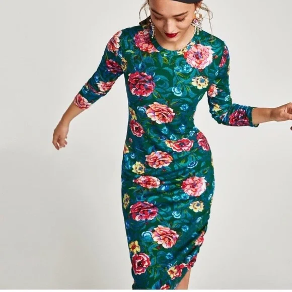 Zara Dresses Zara Textured Green Floral Print Dress Gathered